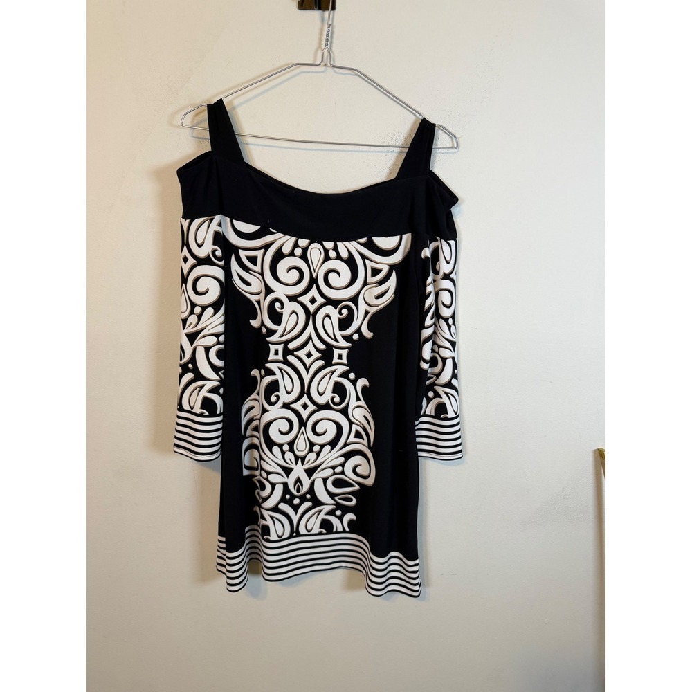 Cache Womens Tunic Dress Cold Shoulder Geometric Black White L